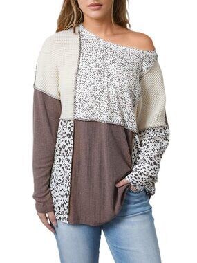 Leopard Colorblock Textured Knit Patchwork Top Womens Size 1X Loose Fit NEW